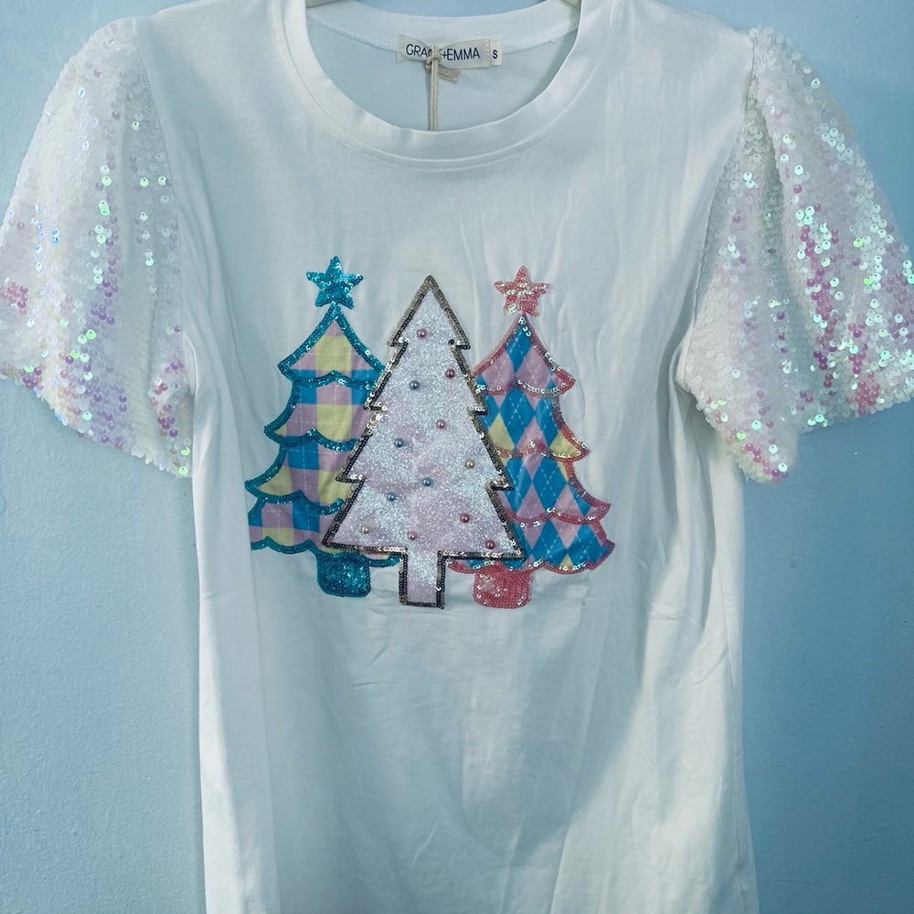 Southern Grace White Tee with Sequin Trees